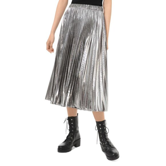 Michael Kors Pleated Silver Metallic Lamé Skirt with Elastic Waist S/M - Picture 8 of 10